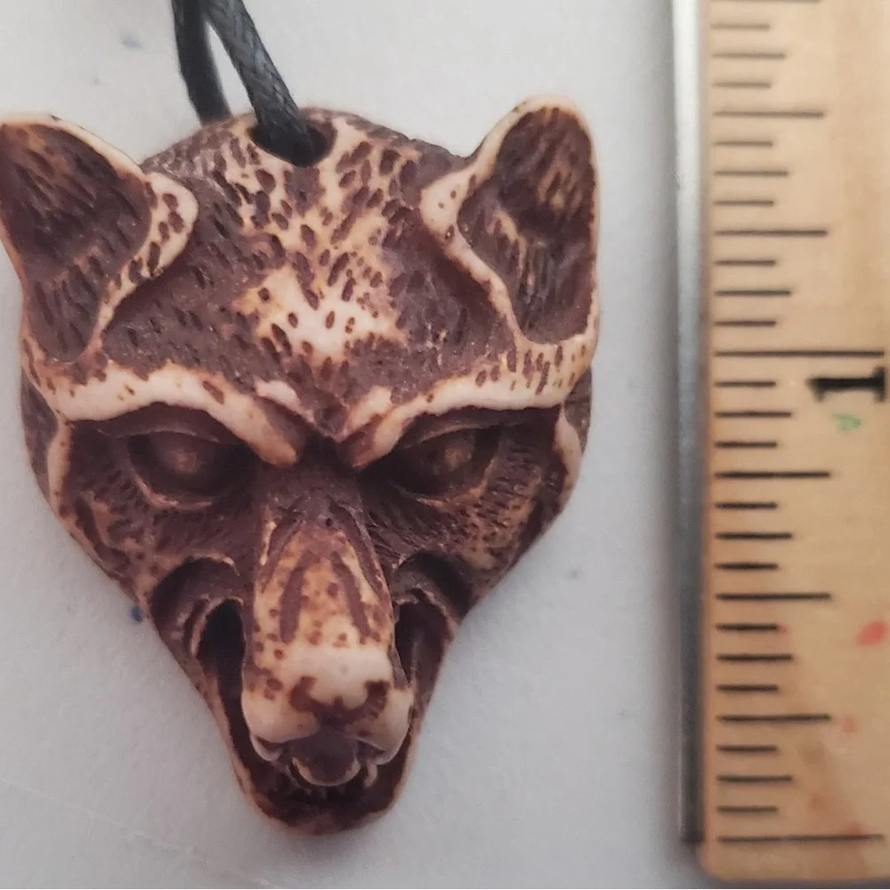New Wisdom Wolf Native Yak Bone Carved Brown Head Leather Wood Bead Necklace
